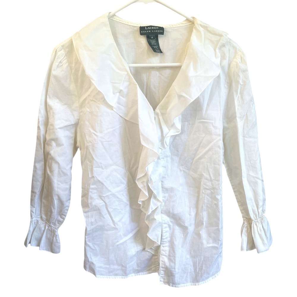 Lauren Ralph Lauren Blouse White Ruffle Long Sleeve Cotton M
